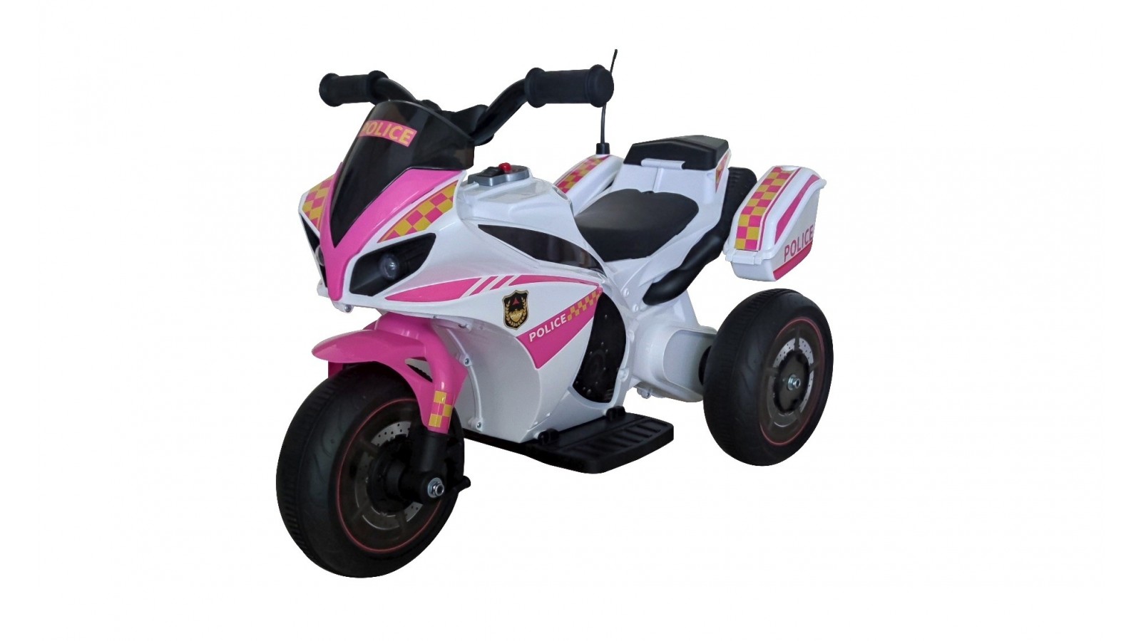 Moto Elettrica per bambini Polizia Rosa con Musiche Luci Mp3 Marcia avanti e indietro accelleratore 3 ruote