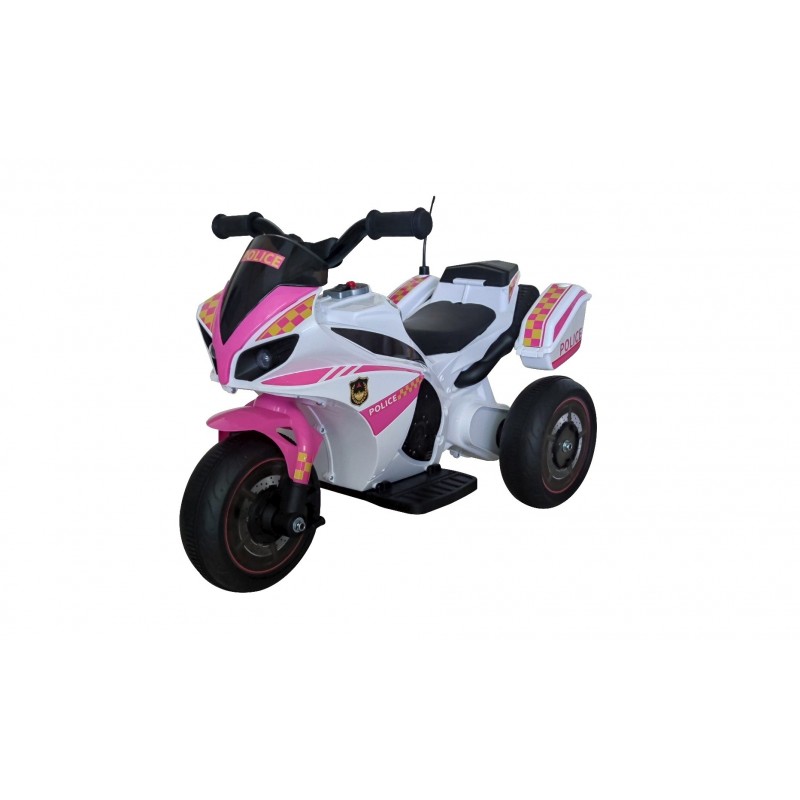 Moto Elettrica per bambini Polizia Rosa con Musiche Luci Mp3 Marcia avanti e indietro accelleratore 3 ruote