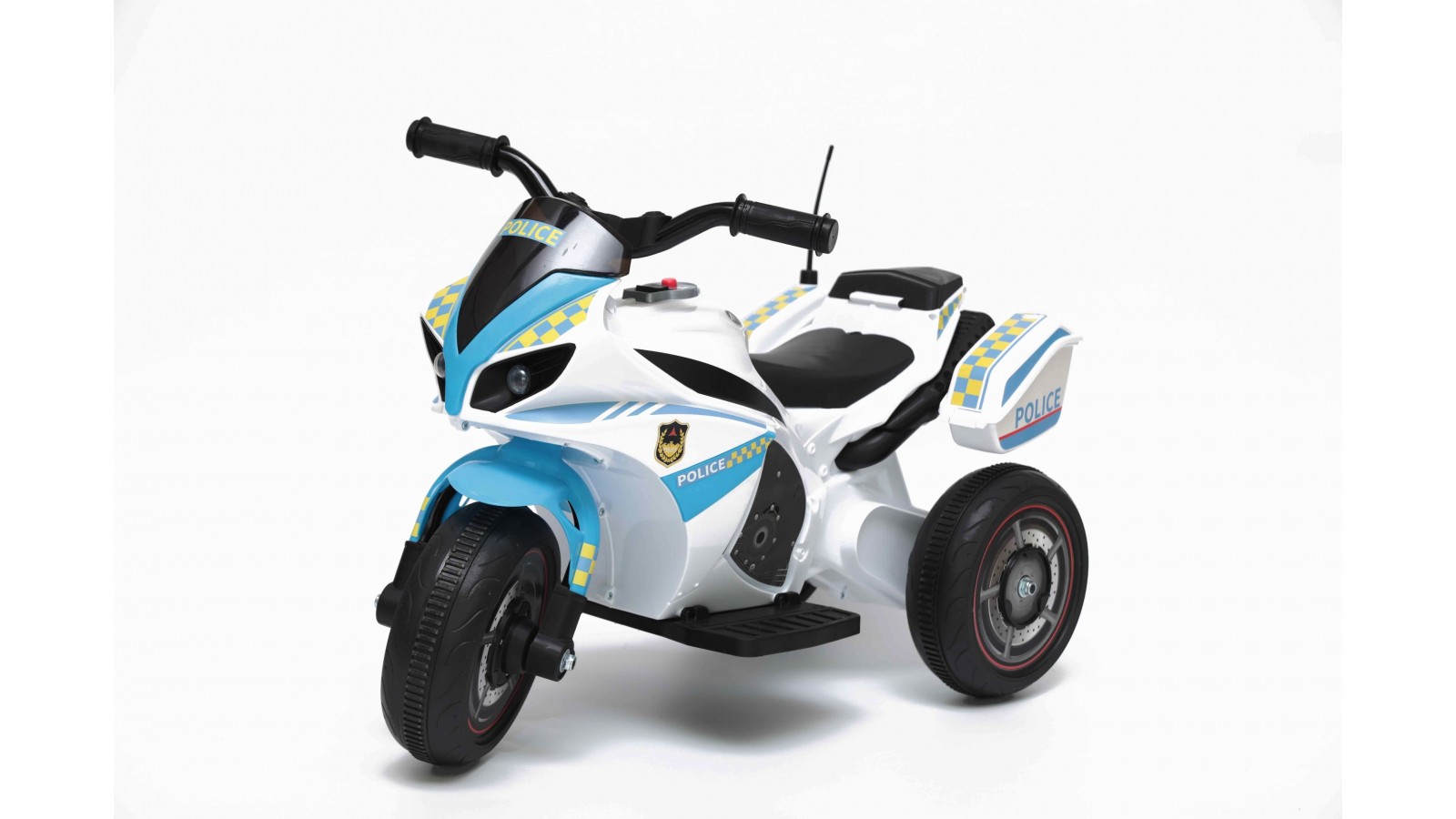 Moto Elettrica per bambini Polizia Blue con Musiche Luci Mp3 Marcia avanti e indietro accelleratore 3 ruote