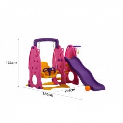 Scivolo Per Bambini Con Altalena Giardino Esterni Interno Multifunzione Con Canestro H122 X L186 X L155 PartyPink