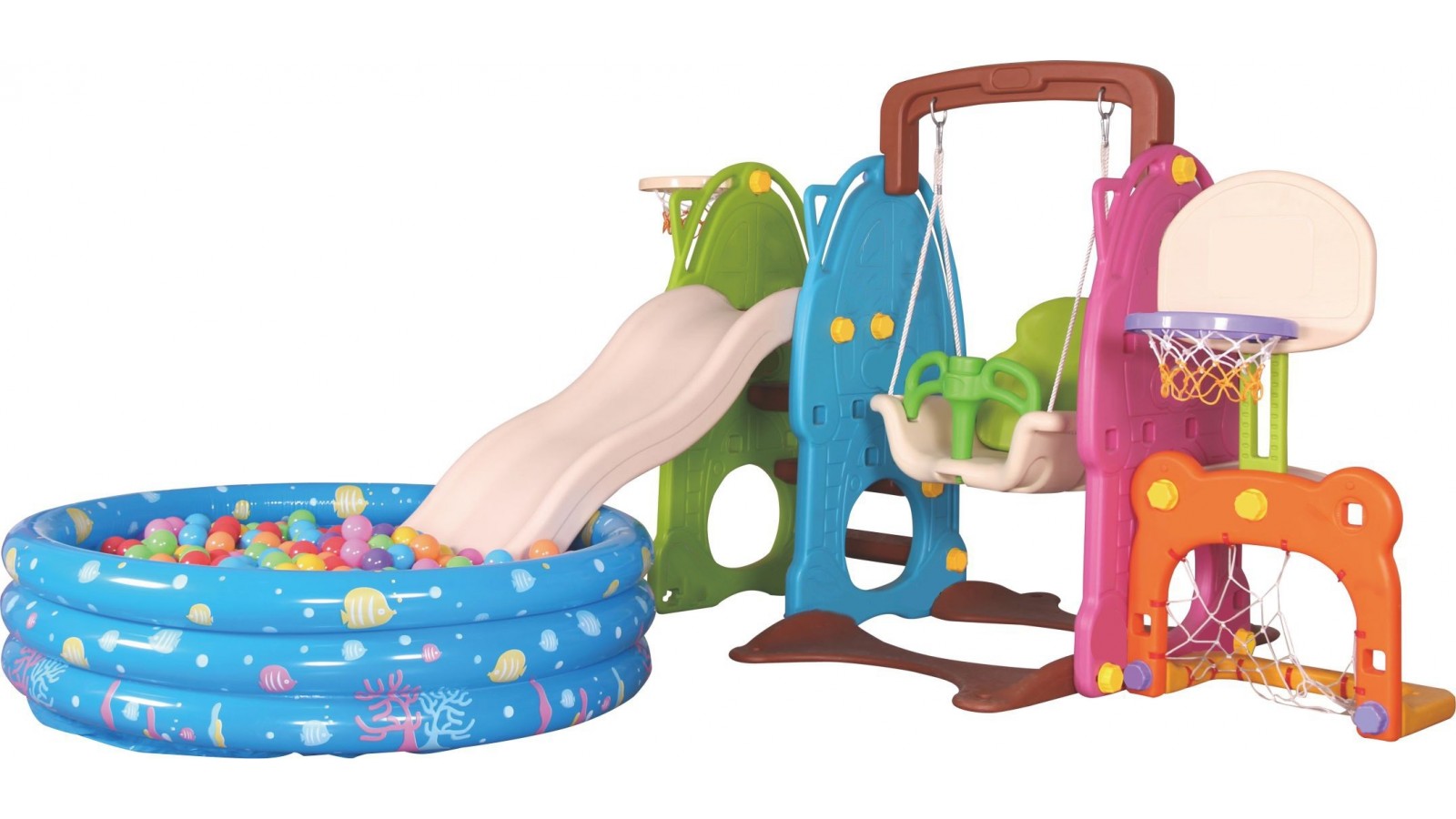 Scivolo Per Bambini Con Altalena e piscina Giardino Interno Esterni Multifunzione Con Canestro H122 X L209 X L256 Party