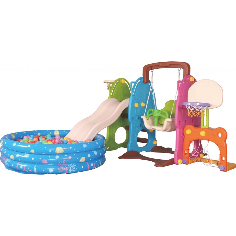 Scivolo Per Bambini Con Altalena e piscina Giardino Interno Esterni Multifunzione Con Canestro H122 X L209 X L256 Party