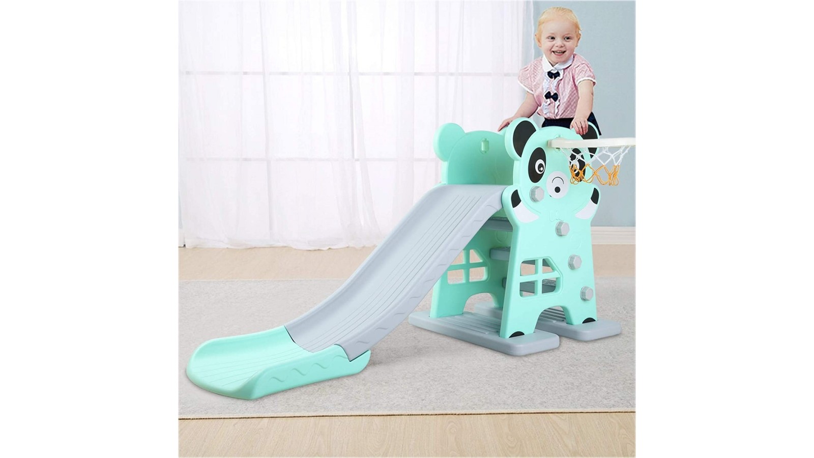 Scivolo per Bambini Giardino Esterno Interno Panda Multifunzione con canestro uscita Soft H79 x L152 x L73