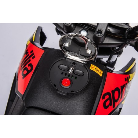 Moto Elettrica 12V per bambini Aprilia RX con Musiche Luci Mp3 Marcia avanti e indietro Sospensione a Molla Giallo-Nero