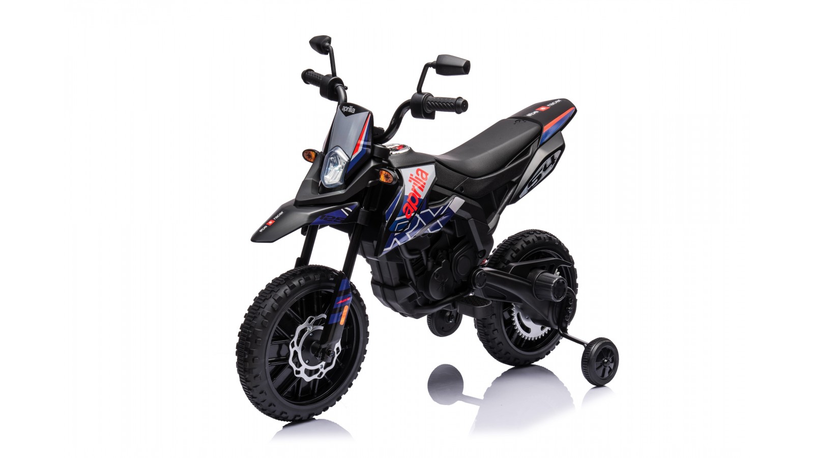 Moto Elettrica 12V per bambini Aprilia RX con Musiche Luci Mp3 Marcia avanti e indietro Sospensione a Molla Blue-Nero