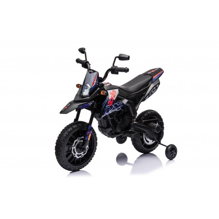 Moto Elettrica 12V per bambini Aprilia RX con Musiche Luci Mp3 Marcia avanti e indietro Sospensione a Molla Blue-Nero