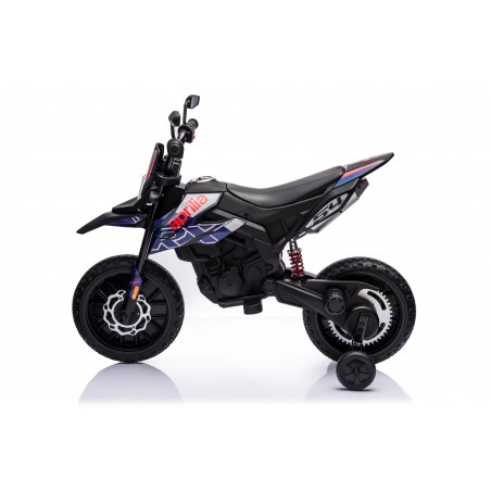 Moto Elettrica 12V per bambini Aprilia RX con Musiche Luci Mp3 Marcia avanti e indietro Sospensione a Molla Blue-Nero