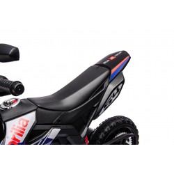 Moto Elettrica 12V per bambini Aprilia RX con Musiche Luci Mp3 Marcia avanti e indietro Sospensione a Molla Blue-Nero