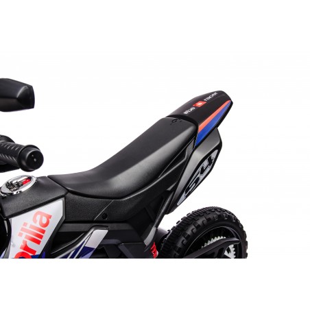 Moto Elettrica 12V per bambini Aprilia RX con Musiche Luci Mp3 Marcia avanti e indietro Sospensione a Molla Blue-Nero