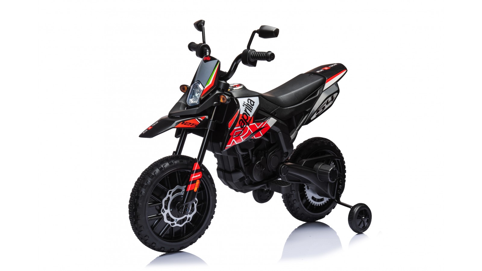 Moto Elettrica 12V per bambini Aprilia RX con Musiche Luci Mp3 Marcia avanti e indietro Sospensione a Molla Rosso-Nero