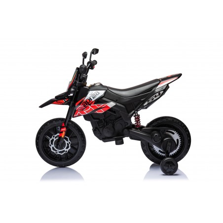 Moto Elettrica 12V per bambini Aprilia RX con Musiche Luci Mp3 Marcia avanti e indietro Sospensione a Molla Rosso-Nero