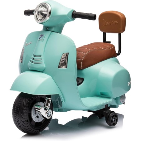 Moto Elettrica Scooter per Bambini Mini Vespa GTS Piaggio 6V con Schienale Sedile in Pelle Luci Suoni Verde Tiffany