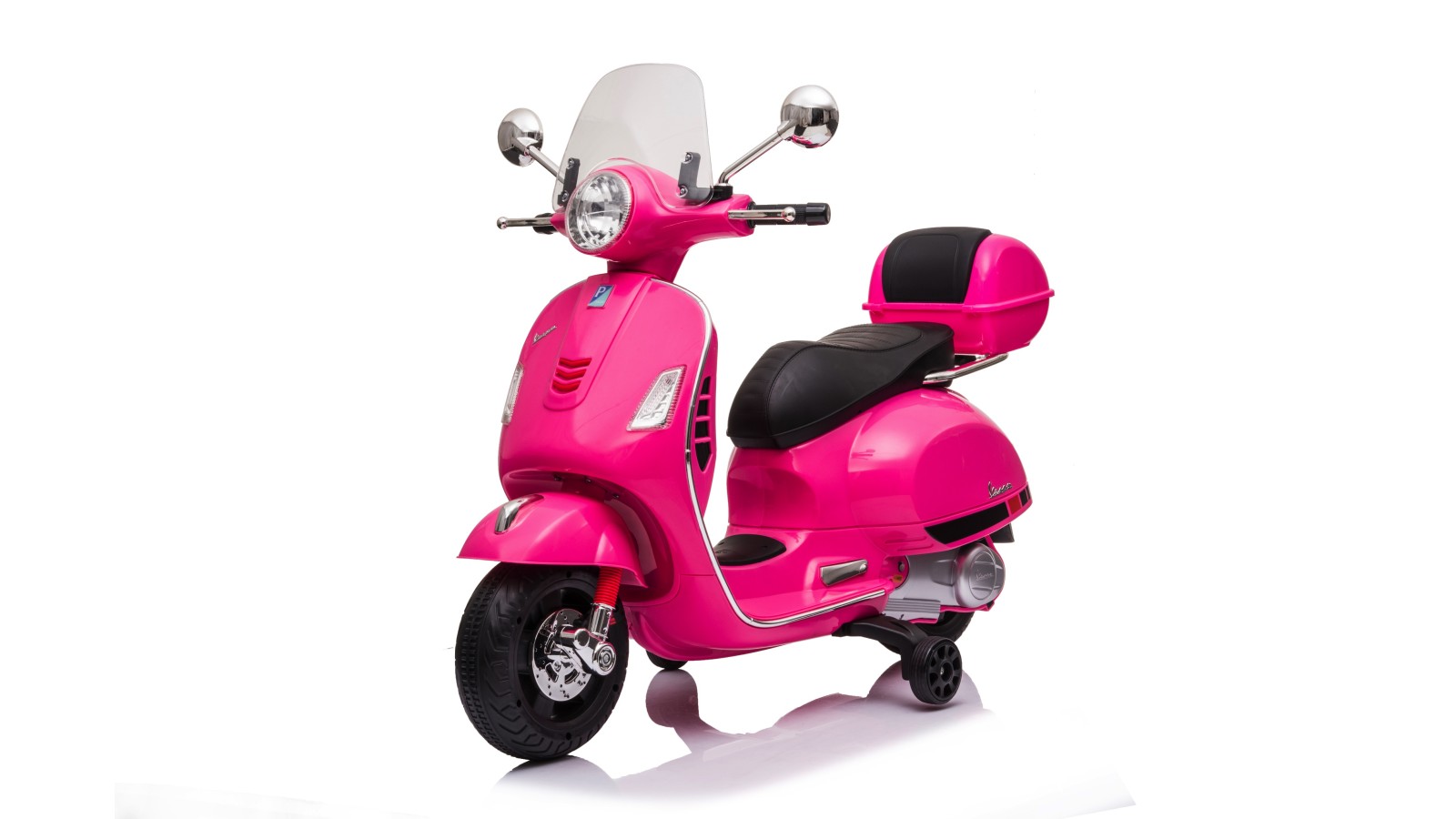 Moto Elettrica per Bambini 12V Licenza Ufficiale Vespa Piaggio Modello GTS Super, Luci LED MP3 Sedile in Pelle Bauletto Rosa