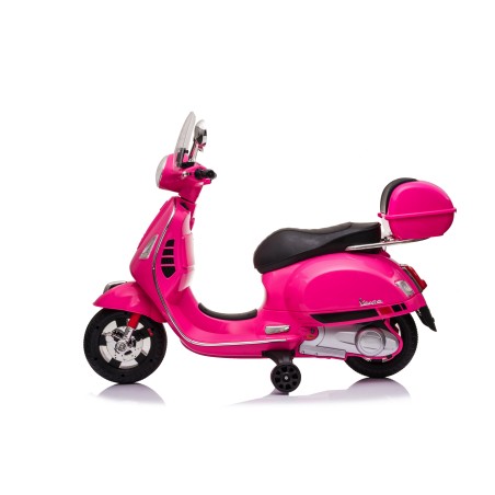 Moto Elettrica per Bambini 12V Licenza Ufficiale Vespa Piaggio Modello GTS Super, Luci LED MP3 Sedile in Pelle Bauletto Rosa