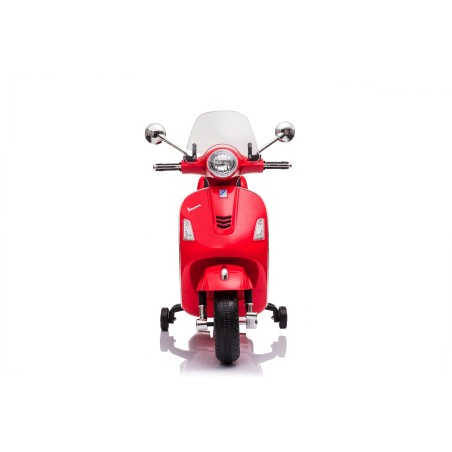 Moto Elettrica per Bambini 12V Licenza Ufficiale Vespa Piaggio Modello GTS Super, Luci LED MP3 Sedile in Pelle Bauletto Rossa