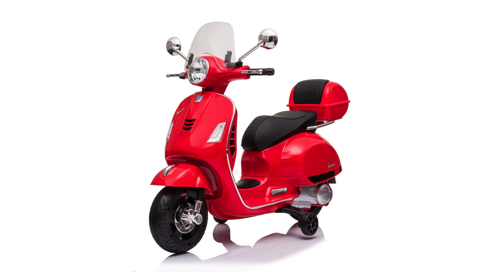 Moto Elettrica per Bambini 12V Licenza Ufficiale Vespa Piaggio Modello GTS Super, Luci LED MP3 Sedile in Pelle Bauletto Rossa