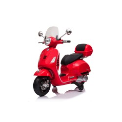 Moto Elettrica per Bambini 12V Licenza Ufficiale Vespa Piaggio Modello GTS Super, Luci LED MP3 Sedile in Pelle Bauletto Rossa
