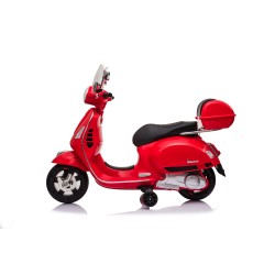 Moto Elettrica per Bambini 12V Licenza Ufficiale Vespa Piaggio Modello GTS Super, Luci LED MP3 Sedile in Pelle Bauletto Rossa