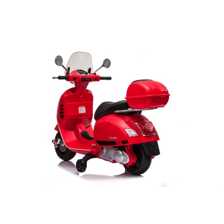 Moto Elettrica per Bambini 12V Licenza Ufficiale Vespa Piaggio Modello GTS Super, Luci LED MP3 Sedile in Pelle Bauletto Rossa