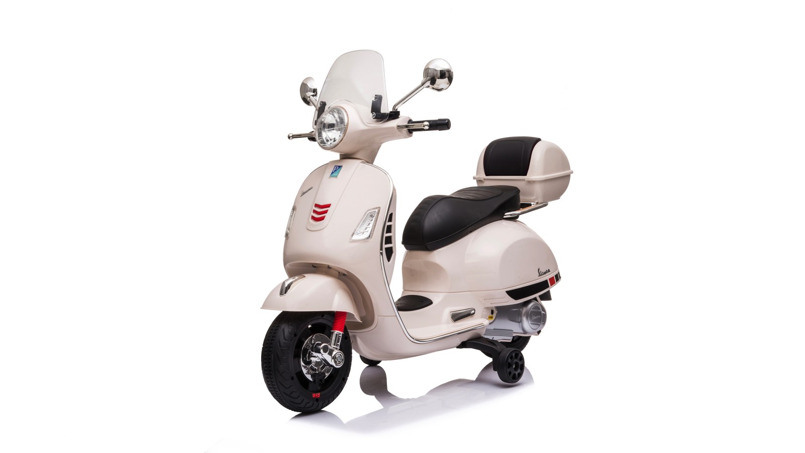 Moto Elettrica per Bambini 12V Licenza Ufficiale Vespa Piaggio Modello GTS Super, Luci LED MP3 Sedile in Pelle Bauletto Bianca