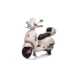 Moto Elettrica per Bambini 12V Licenza Ufficiale Vespa Piaggio Modello GTS Super, Luci LED MP3 Sedile in Pelle Bauletto Bianca