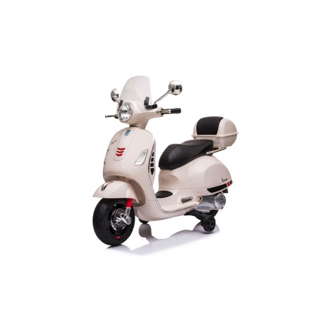 Moto Elettrica per Bambini 12V Licenza Ufficiale Vespa Piaggio Modello GTS Super, Luci LED MP3 Sedile in Pelle Bauletto Bianca