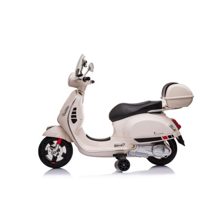 Moto Elettrica per Bambini 12V Licenza Ufficiale Vespa Piaggio Modello GTS Super, Luci LED MP3 Sedile in Pelle Bauletto Bianca