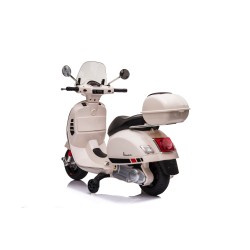 Moto Elettrica per Bambini 12V Licenza Ufficiale Vespa Piaggio Modello GTS Super, Luci LED MP3 Sedile in Pelle Bauletto Bianca