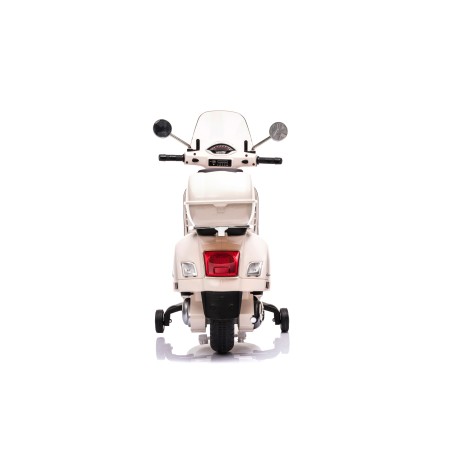 Moto Elettrica per Bambini 12V Licenza Ufficiale Vespa Piaggio Modello GTS Super, Luci LED MP3 Sedile in Pelle Bauletto Bianca