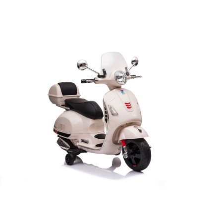 Moto Elettrica per Bambini 12V Licenza Ufficiale Vespa Piaggio Modello GTS Super, Luci LED MP3 Sedile in Pelle Bauletto Bianca