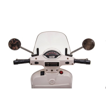 Moto Elettrica per Bambini 12V Licenza Ufficiale Vespa Piaggio Modello GTS Super, Luci LED MP3 Sedile in Pelle Bauletto Bianca