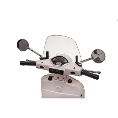Moto Elettrica per Bambini 12V Licenza Ufficiale Vespa Piaggio Modello GTS Super, Luci LED MP3 Sedile in Pelle Bauletto Bianca