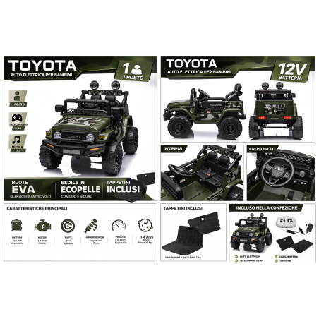 Auto Elettrica per Bambini Jeep Toyota Fj Cruiser 12V Ruote in Gomma Full Optional Sedile Pelle Porte Apribili Telecomando Army