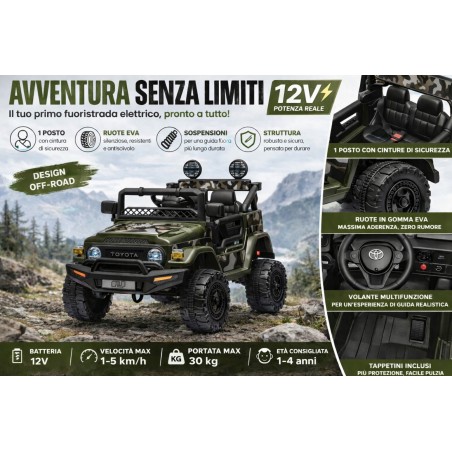 Auto Elettrica per Bambini Jeep Toyota Fj Cruiser 12V Ruote in Gomma Full Optional Sedile Pelle Porte Apribili Telecomando Army