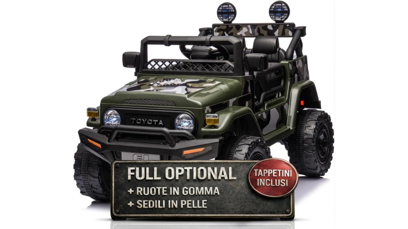 Auto Elettrica per Bambini Jeep Toyota Fj Cruiser 12V Ruote in Gomma Full Optional Sedile Pelle Porte Apribili Telecomando Army