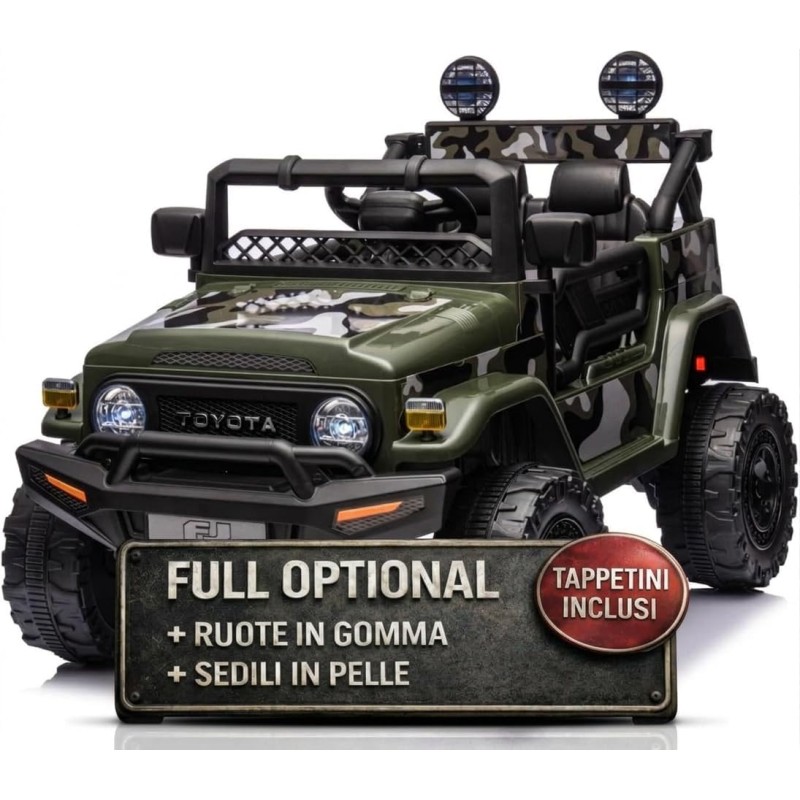 Auto Elettrica per Bambini Jeep Toyota Fj Cruiser 12V Ruote in Gomma Full Optional Sedile Pelle Porte Apribili Telecomando Army