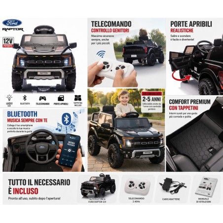 Auto Elettrica Bambini Ford Raptor 12V con Telecomando Porte Apribili, Bluetooth Luci LED e Tappetini