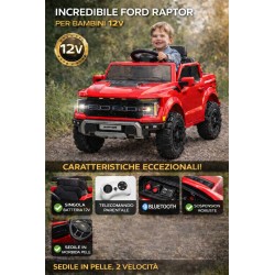 Auto Elettrica Bambini Ford Raptor 12V con Telecomando Porte Apribili, Bluetooth Luci LED e Tappetini Rosso