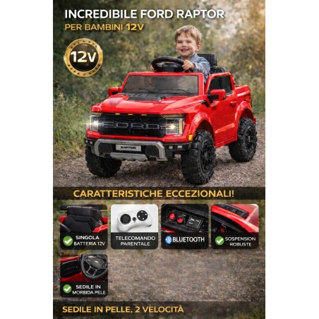 Auto Elettrica Bambini Ford Raptor 12V con Telecomando Porte Apribili, Bluetooth Luci LED e Tappetini Rosso