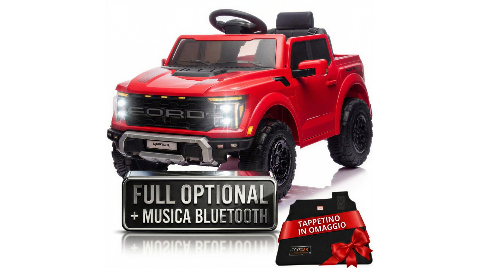 Auto Elettrica Bambini Ford Raptor 12V con Telecomando Porte Apribili, Bluetooth Luci LED e Tappetini Rosso