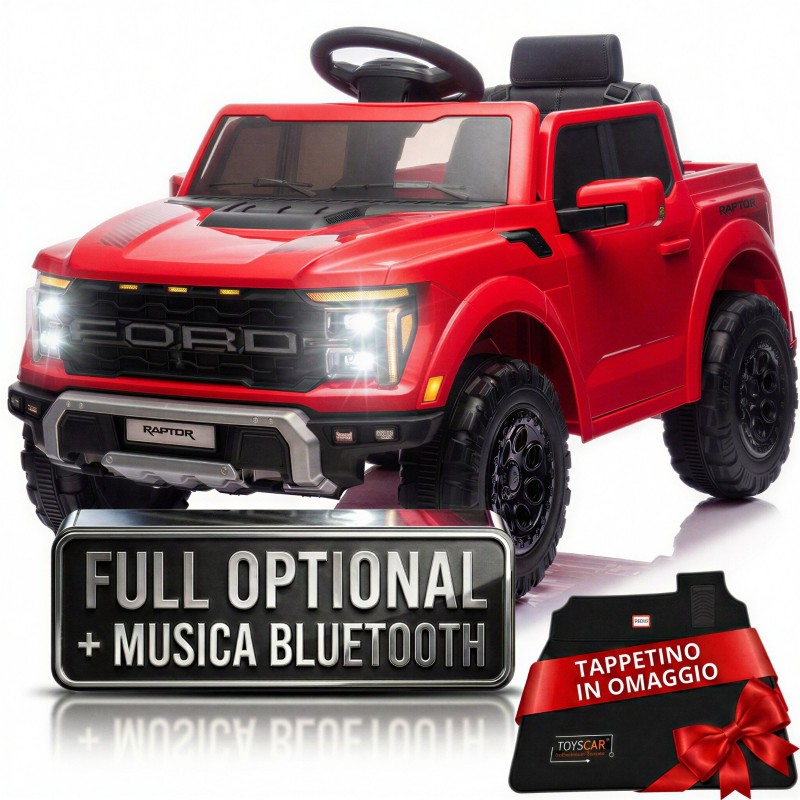Auto Elettrica Bambini Ford Raptor 12V con Telecomando Porte Apribili, Bluetooth Luci LED e Tappetini Rosso