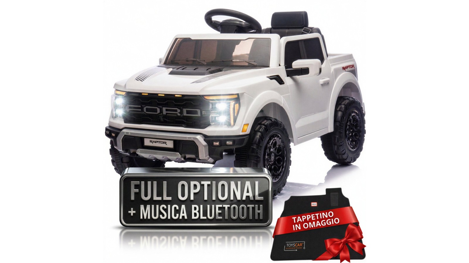 Auto Elettrica Bambini Ford Raptor 12V con Telecomando Porte Apribili, Bluetooth Luci LED e Tappetini Bianca