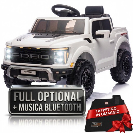 Auto Elettrica Bambini Ford Raptor 12V con Telecomando Porte Apribili, Bluetooth Luci LED e Tappetini Bianca
