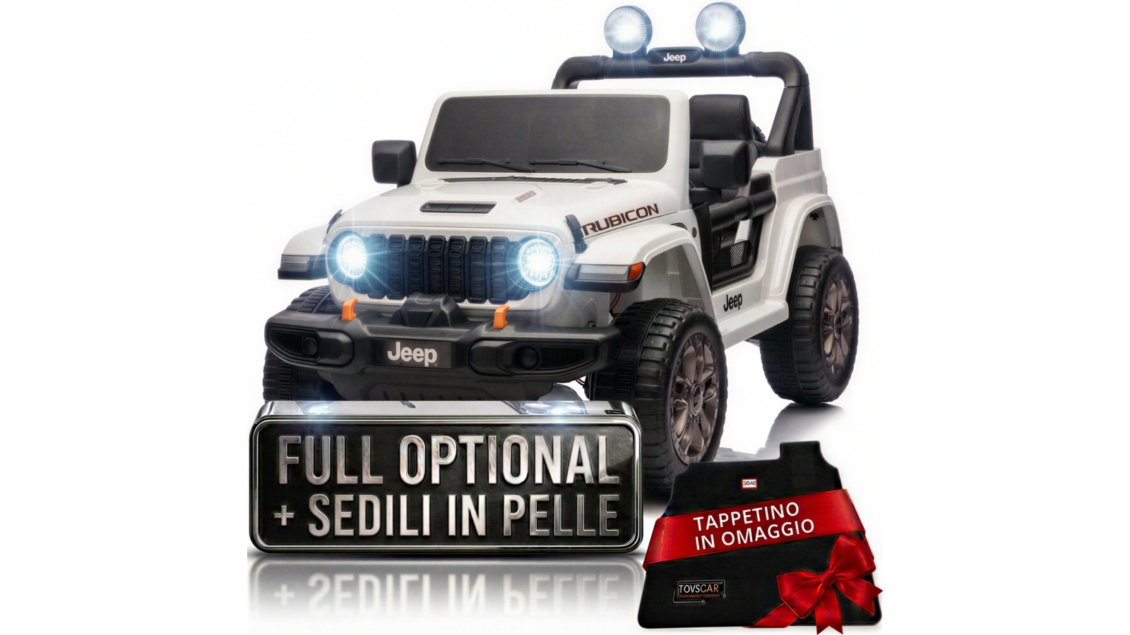Auto Macchina Elettrica NEW Jeep Wrangler Rubicon 12V per Bambini porte apribili Con telecomando Full accessori Tappetini Bianca