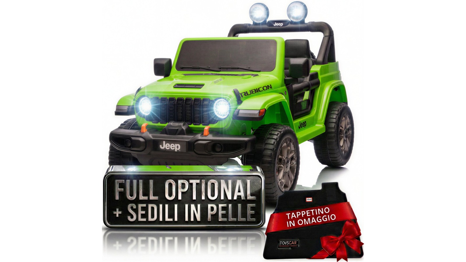 Auto Macchina Elettrica NEW Jeep Wrangler Rubicon 12V per Bambini porte apribili Con telecomando Full accessori Tappetini Verde