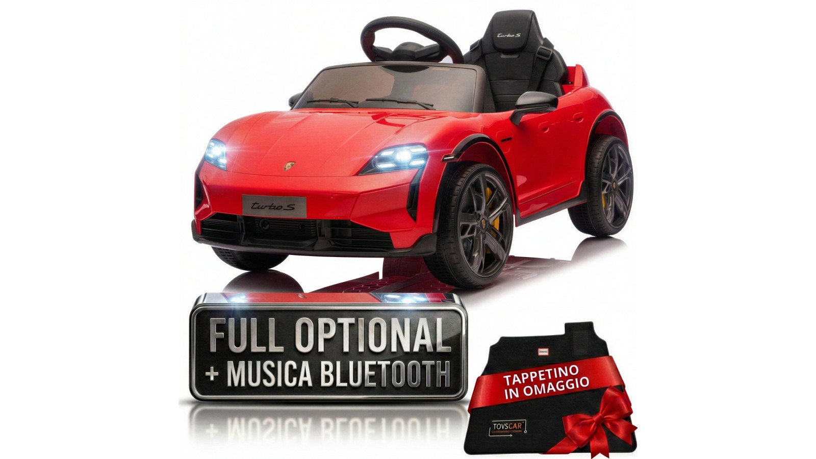 Auto Elettrica Bambini 12V Porsche Taycan Turbo S con Telecomando Porte Apribili, Bluetooth Luci LED e Tappetini Rossa