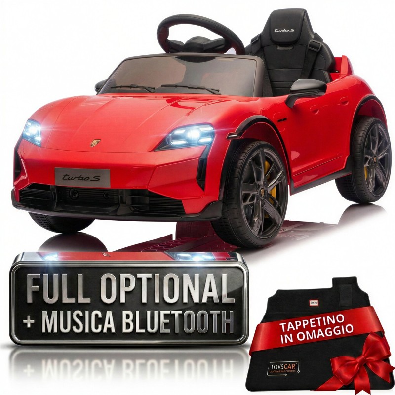 Auto Elettrica Bambini 12V Porsche Taycan Turbo S con Telecomando Porte Apribili, Bluetooth Luci LED e Tappetini Rossa