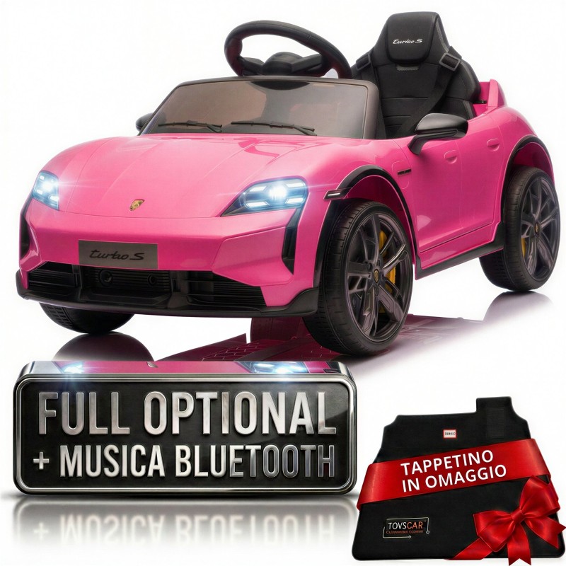 Auto Elettrica Bambini 12V Porsche Taycan Turbo S con Telecomando Porte Apribili, Bluetooth Luci LED e Tappetini Rosa
