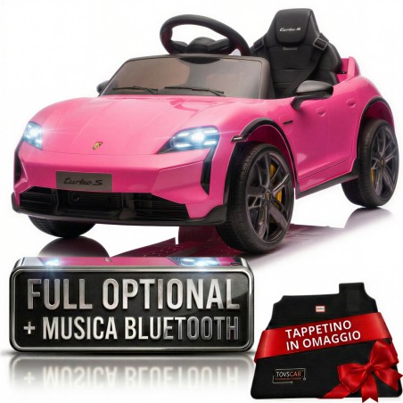 Auto Elettrica Bambini 12V Porsche Taycan Turbo S con Telecomando Porte Apribili, Bluetooth Luci LED e Tappetini Rosa