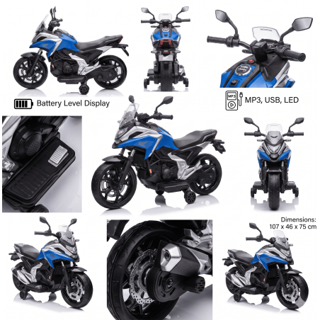 Moto Elettrica per Bambini Honda NC750X 12V Con Luci LED, MP3, USB e Avvio One-Click 3-6 Anni Blue